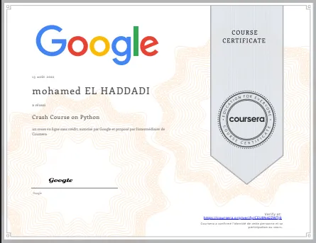 Cours Accéléré sur Python certificate logo